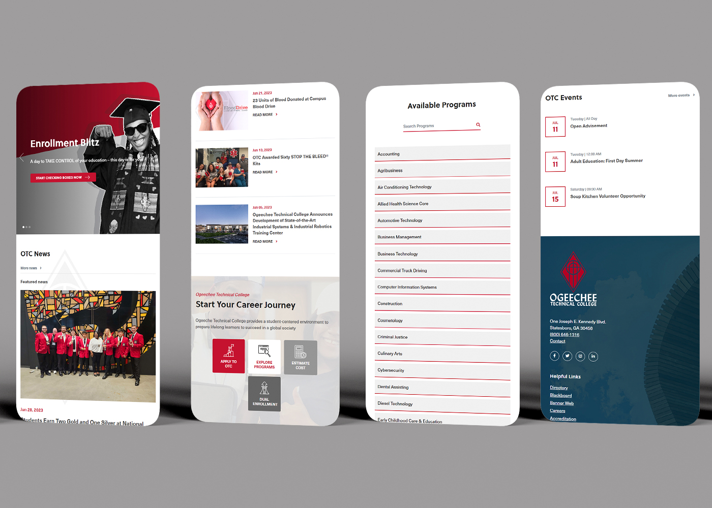 Four iPhones displaying Ogeechee Technical College website